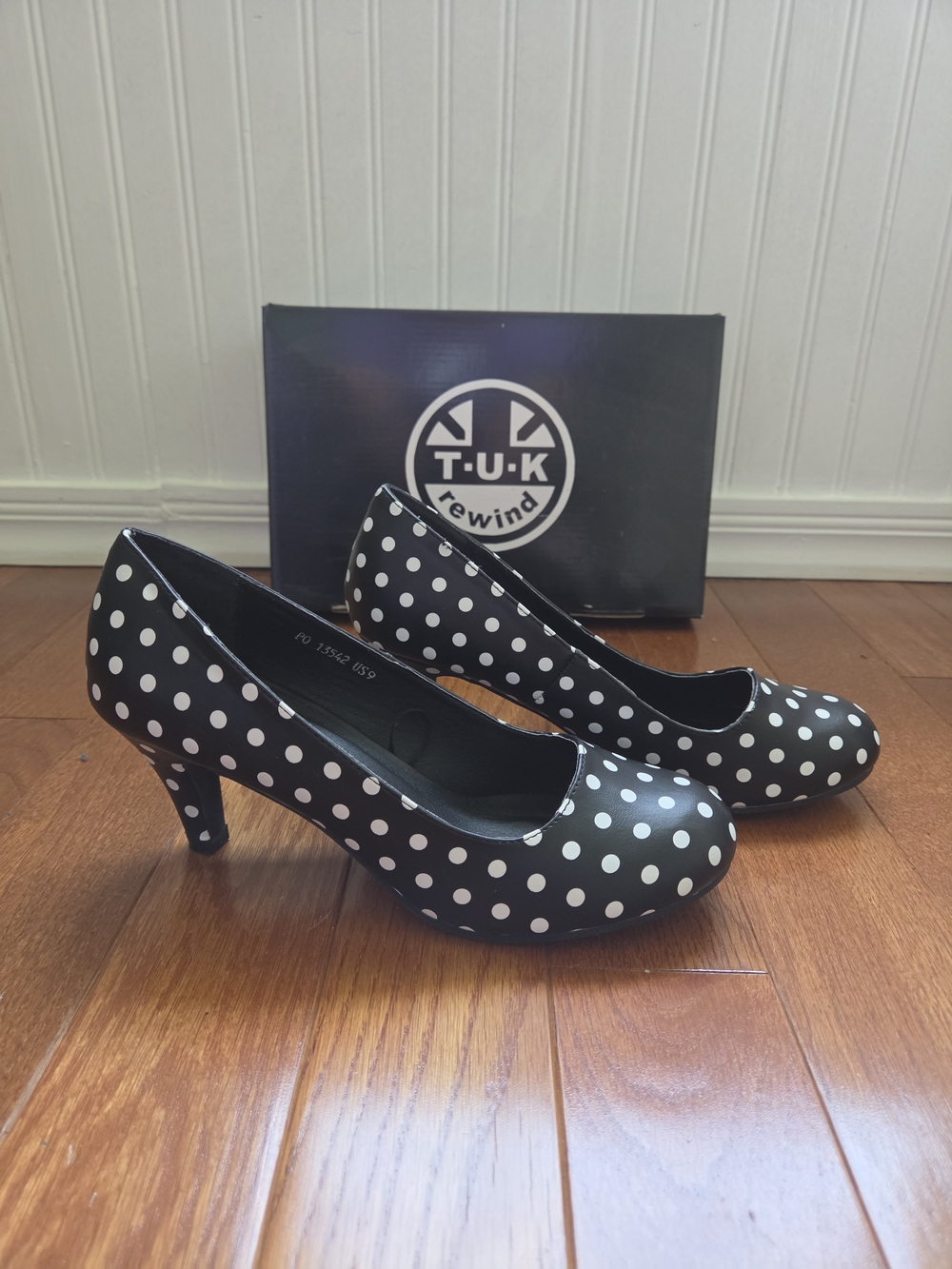 T.U.K Black and White Polka Dot Mid Heel Pumps